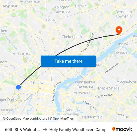 60th St & Walnut St to Holy Family Woodhaven Campus map