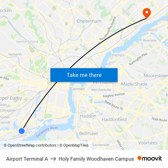 Airport Terminal A to Holy Family Woodhaven Campus map