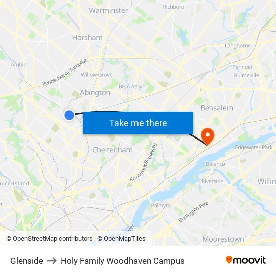 Glenside to Holy Family Woodhaven Campus map