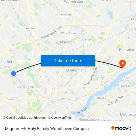 Miquon to Holy Family Woodhaven Campus map