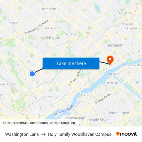 Washington Lane to Holy Family Woodhaven Campus map