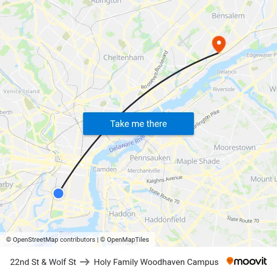 22nd St & Wolf St to Holy Family Woodhaven Campus map