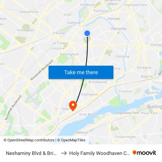 Neshaminy Blvd & Bristol Rd to Holy Family Woodhaven Campus map