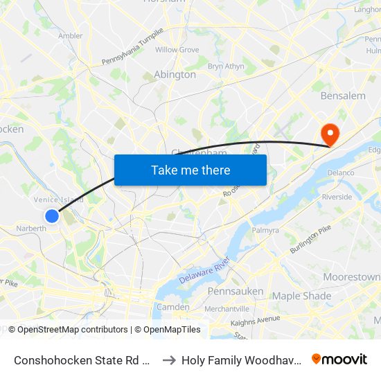 Conshohocken State Rd & Rockhill Rd to Holy Family Woodhaven Campus map