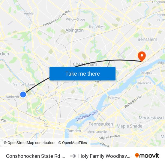 Conshohocken State Rd & Derwen Rd to Holy Family Woodhaven Campus map