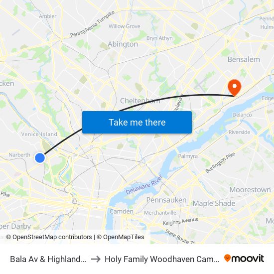 Bala Av & Highland Av to Holy Family Woodhaven Campus map