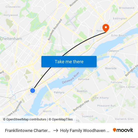 Frankllintowne Charter School to Holy Family Woodhaven Campus map