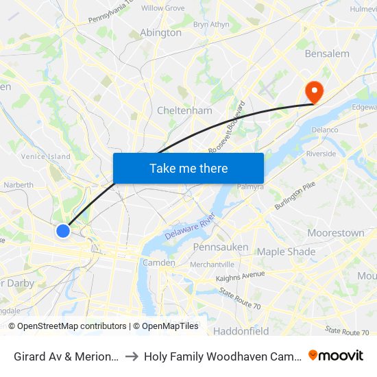 Girard Av & Merion Av to Holy Family Woodhaven Campus map