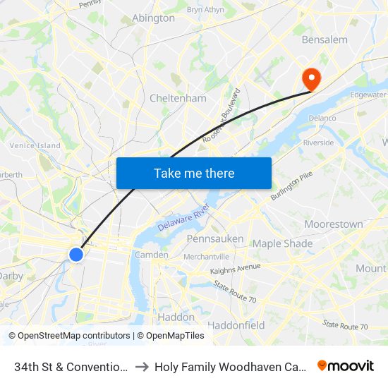 34th St & Convention Av to Holy Family Woodhaven Campus map