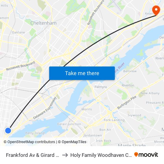 Frankford Av & Girard Av - Fs to Holy Family Woodhaven Campus map