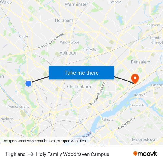 Highland to Holy Family Woodhaven Campus map