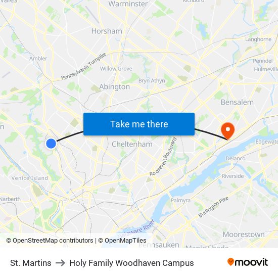St. Martins to Holy Family Woodhaven Campus map