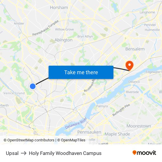 Upsal to Holy Family Woodhaven Campus map