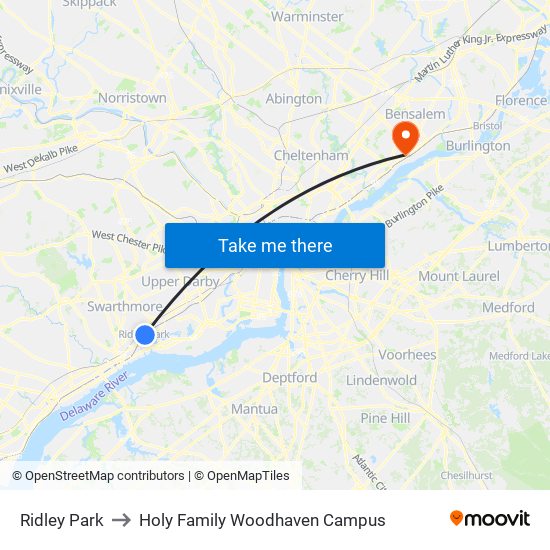 Ridley Park to Holy Family Woodhaven Campus map