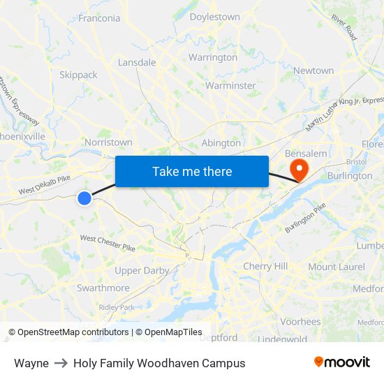 Wayne to Holy Family Woodhaven Campus map