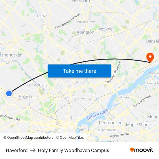 Haverford to Holy Family Woodhaven Campus map