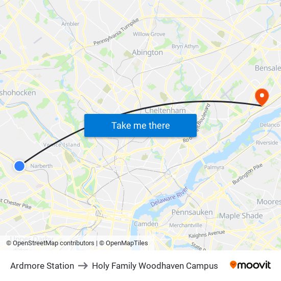 Ardmore Station to Holy Family Woodhaven Campus map