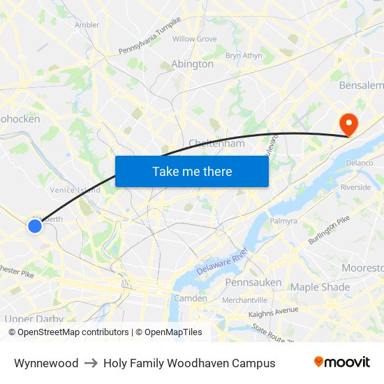 Wynnewood to Holy Family Woodhaven Campus map