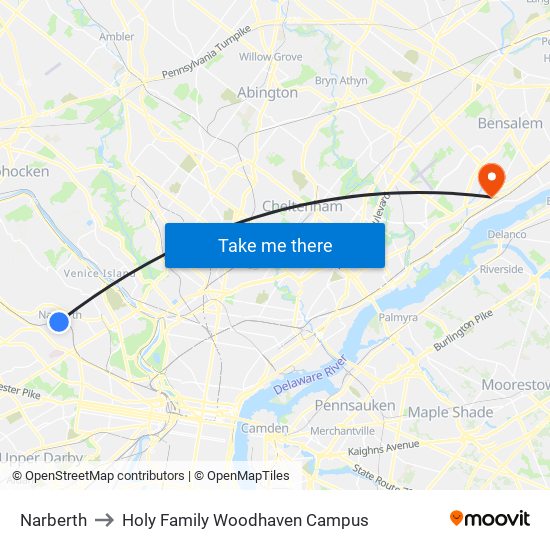 Narberth to Holy Family Woodhaven Campus map