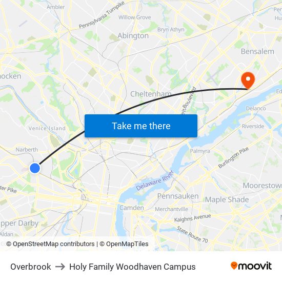 Overbrook to Holy Family Woodhaven Campus map