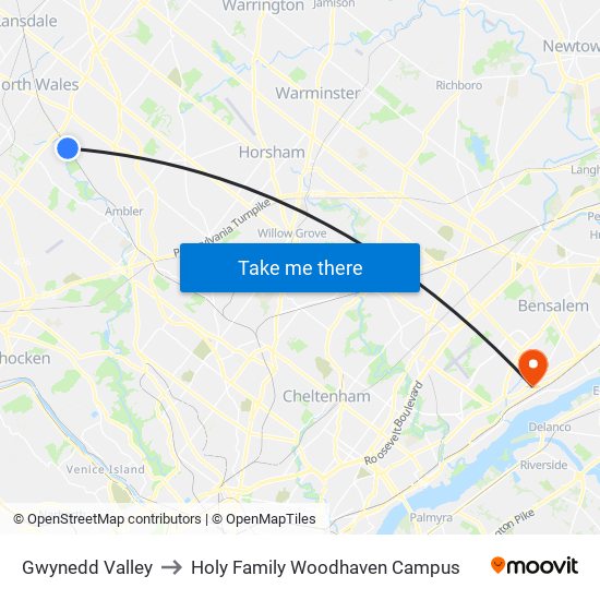 Gwynedd Valley to Holy Family Woodhaven Campus map
