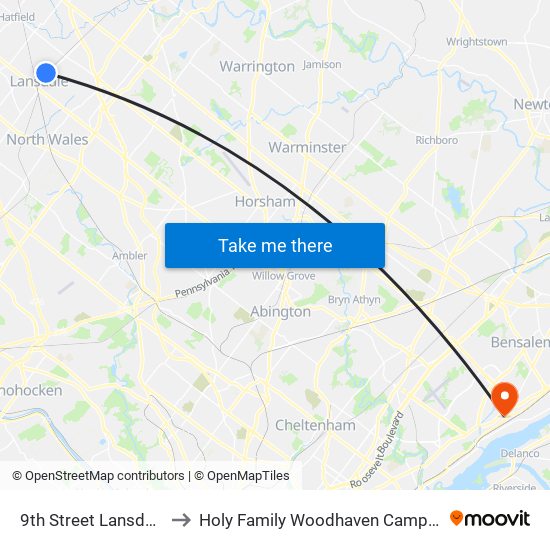 9th Street Lansdale to Holy Family Woodhaven Campus map