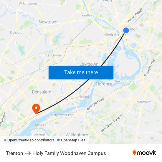 Trenton to Holy Family Woodhaven Campus map