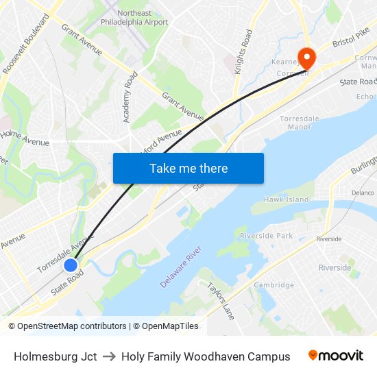 Holmesburg Jct to Holy Family Woodhaven Campus map