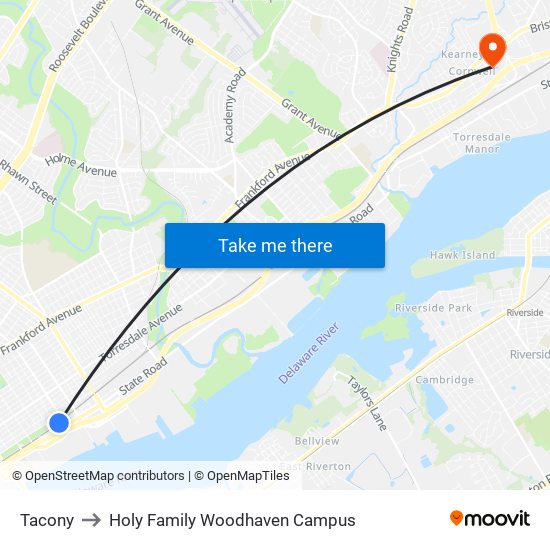 Tacony to Holy Family Woodhaven Campus map