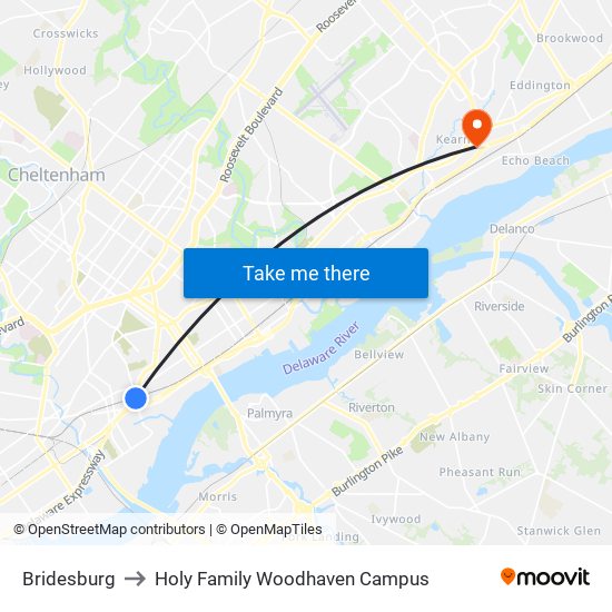 Bridesburg to Holy Family Woodhaven Campus map