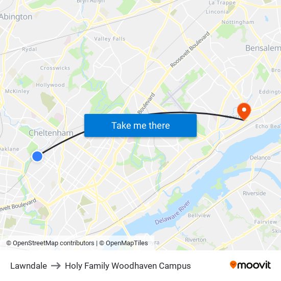 Lawndale to Holy Family Woodhaven Campus map