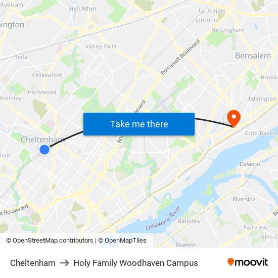 Cheltenham to Holy Family Woodhaven Campus map