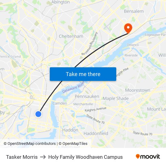 Tasker Morris to Holy Family Woodhaven Campus map