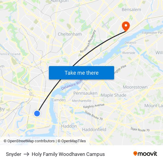 Snyder to Holy Family Woodhaven Campus map