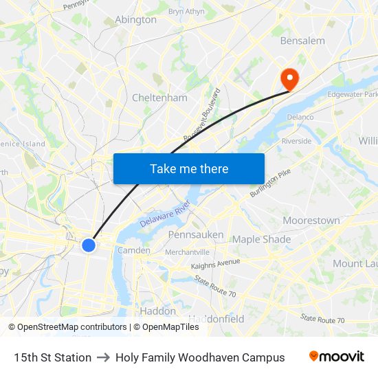 15th St Station to Holy Family Woodhaven Campus map