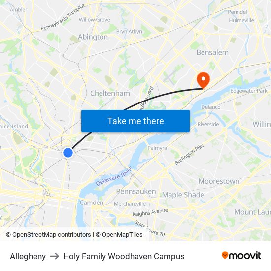 Allegheny to Holy Family Woodhaven Campus map