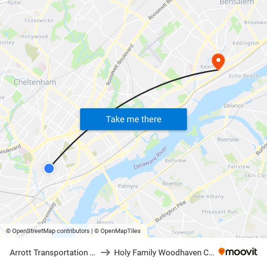 Arrott Transportation Center to Holy Family Woodhaven Campus map