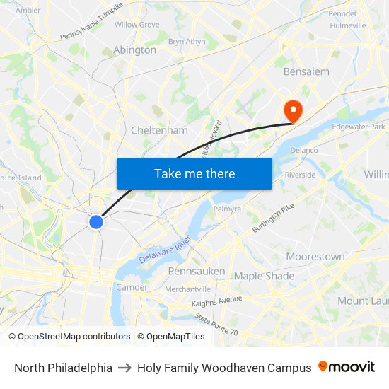 North Philadelphia to Holy Family Woodhaven Campus map