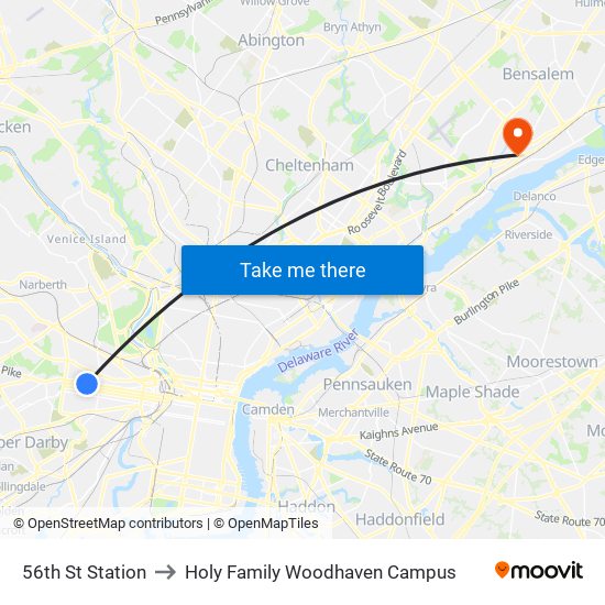 56th St Station to Holy Family Woodhaven Campus map