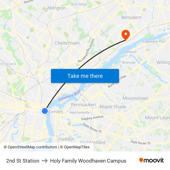 2nd St Station to Holy Family Woodhaven Campus map