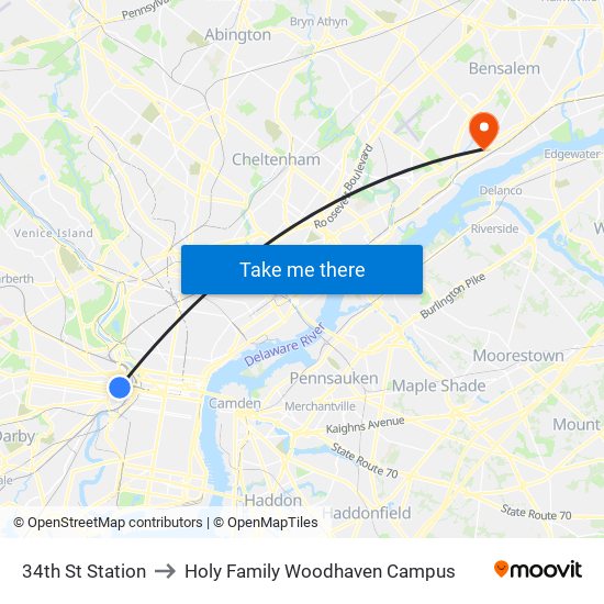 34th St Station to Holy Family Woodhaven Campus map