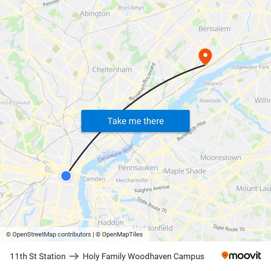 11th St Station to Holy Family Woodhaven Campus map