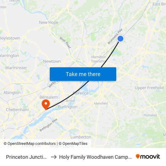 Princeton Junction to Holy Family Woodhaven Campus map