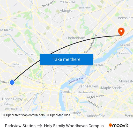 Parkview Station to Holy Family Woodhaven Campus map