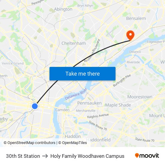 30th St Station to Holy Family Woodhaven Campus map