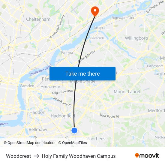 Woodcrest to Holy Family Woodhaven Campus map