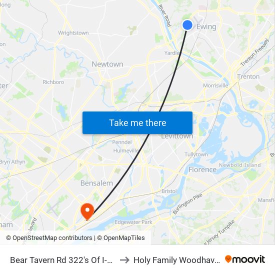 Bear Tavern Rd 322's Of I-295 Overpass to Holy Family Woodhaven Campus map