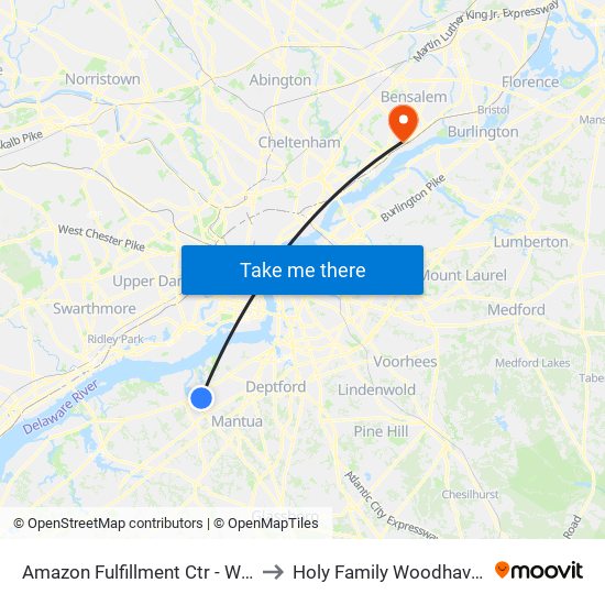 Amazon Fulfillment Ctr - West Deptford to Holy Family Woodhaven Campus map