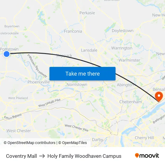 Coventry Mall to Holy Family Woodhaven Campus map