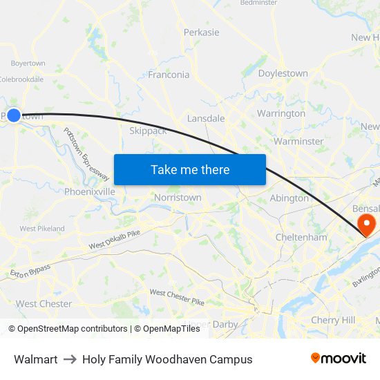 Walmart to Holy Family Woodhaven Campus map